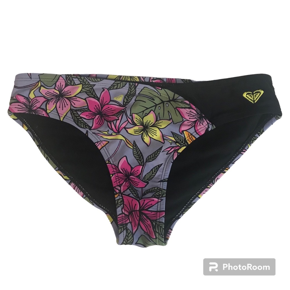Roxy Brazilian Bikini Bottom Women’s Size S Color Black / Purple Floral Pull-On